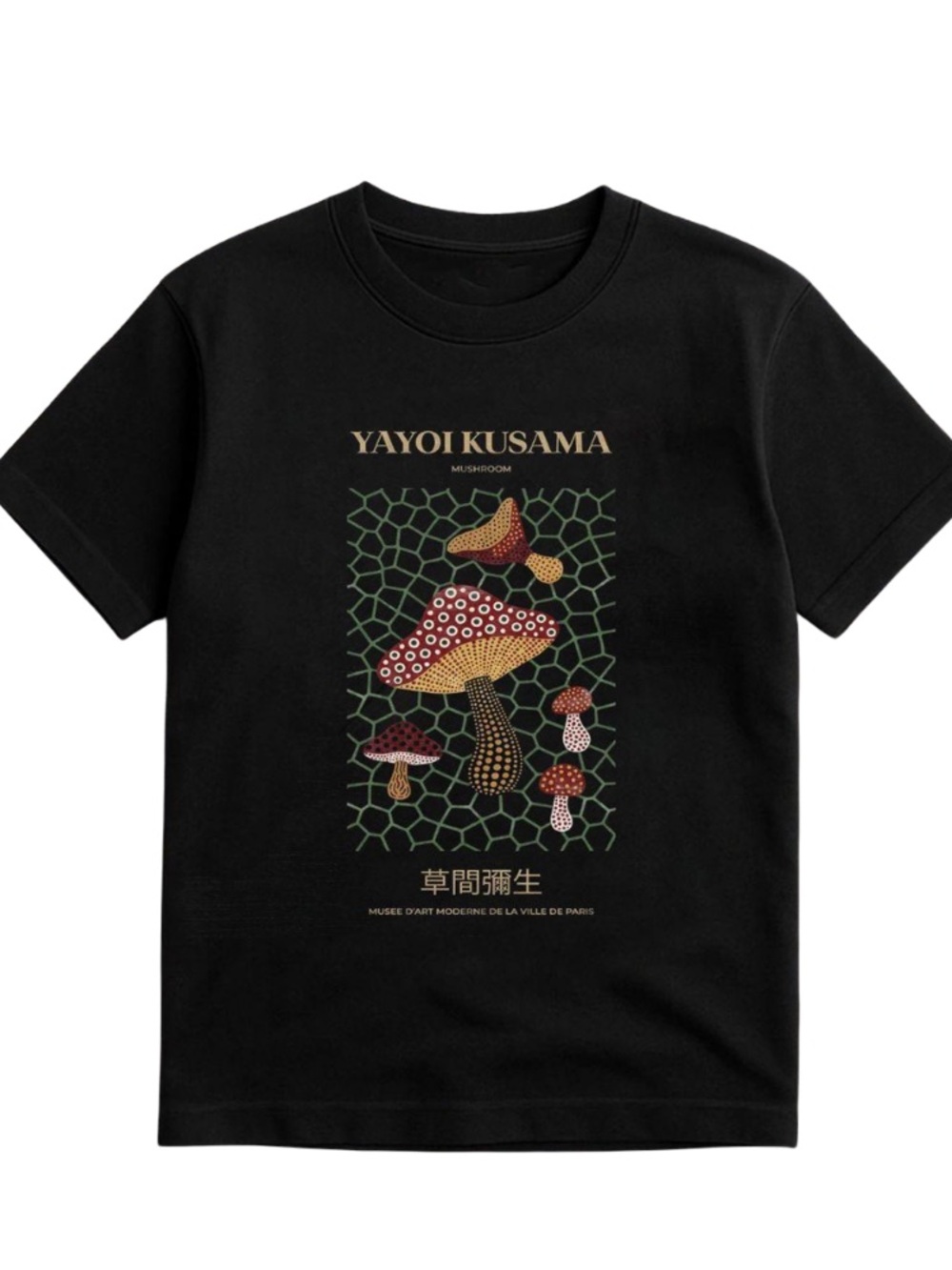 Black Short-Sleeve Tee with Multicolor Mushroom Graphic